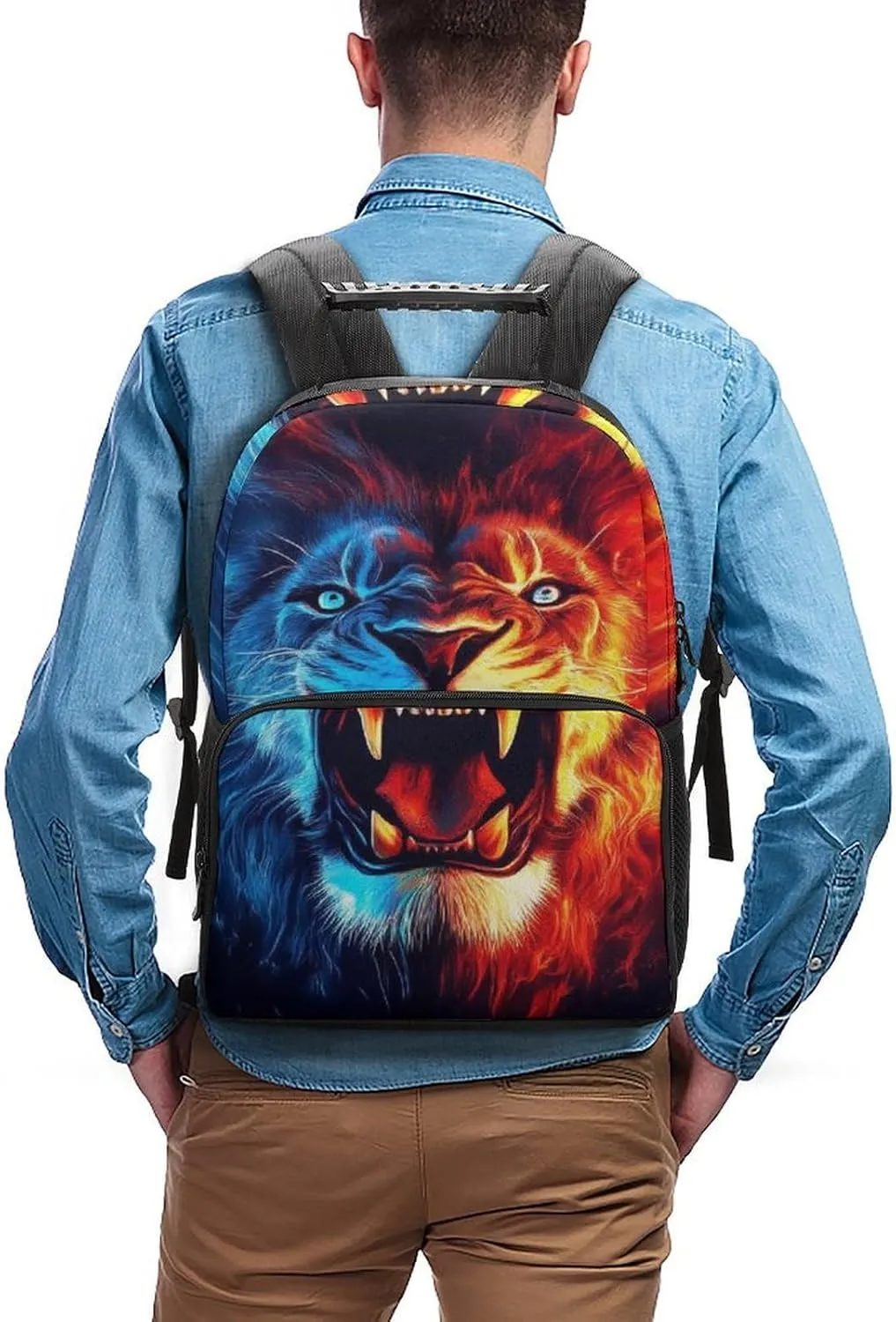 Supdreamc Men Women Lightweight Cool Lion Blue Red Fire Art Backpack Large Capacity Bookbag With Smooth Zippers for Gym Business Running