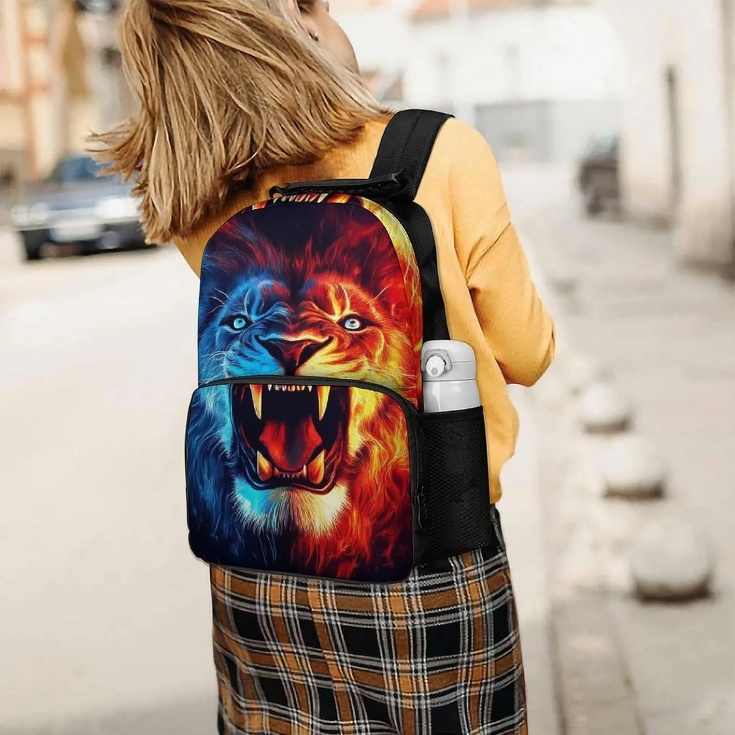 Supdreamc Men Women Lightweight Cool Lion Blue Red Fire Art Backpack Large Capacity Bookbag With Smooth Zippers for Gym Business Running