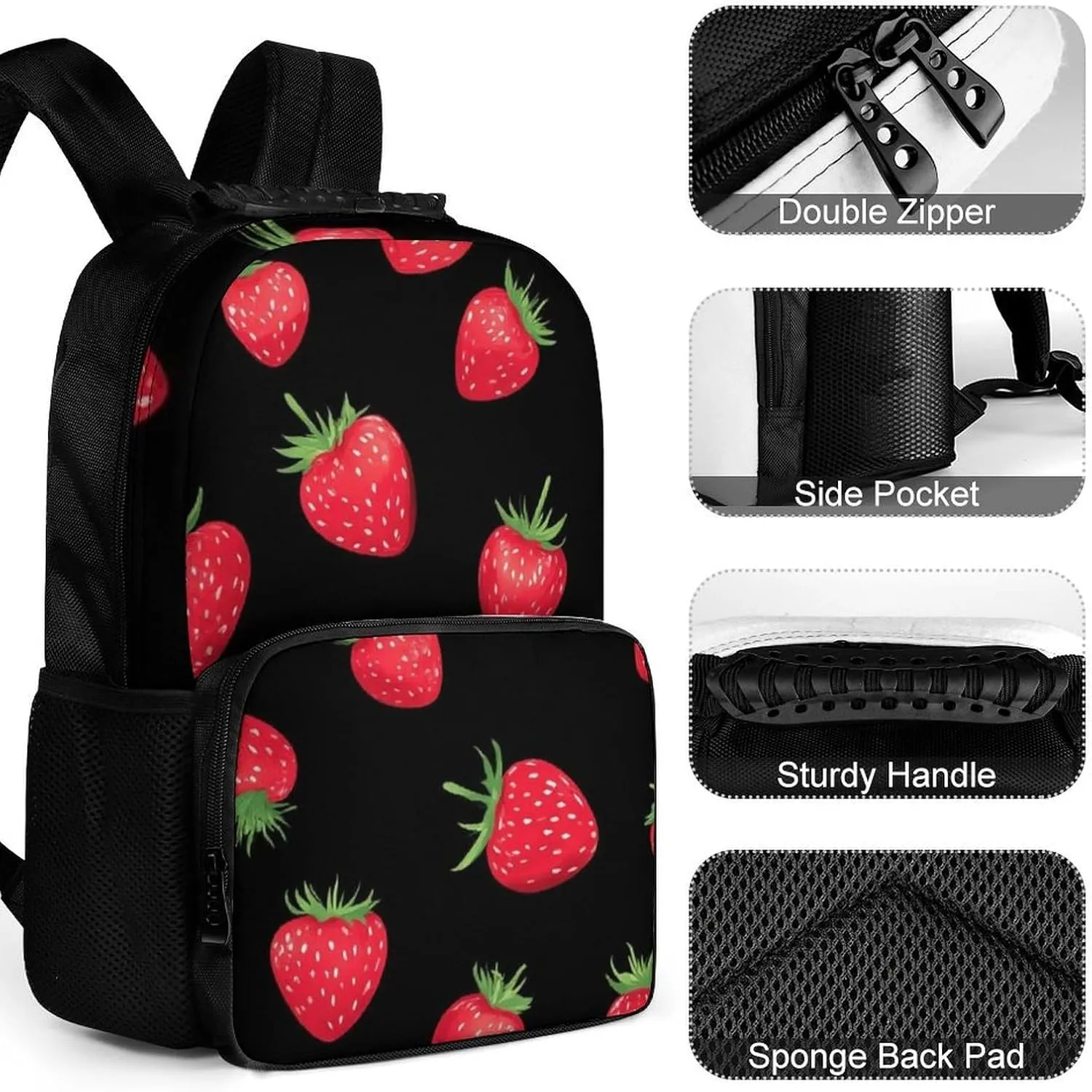 Supdreamc Polyester Daypack Backpack for Trekking Picnic Walking Cycling - Large Capacity Anti-Theft Multipurpose Shoulder Bag, Black Red Strawberry Fruit Art Casual Daypack