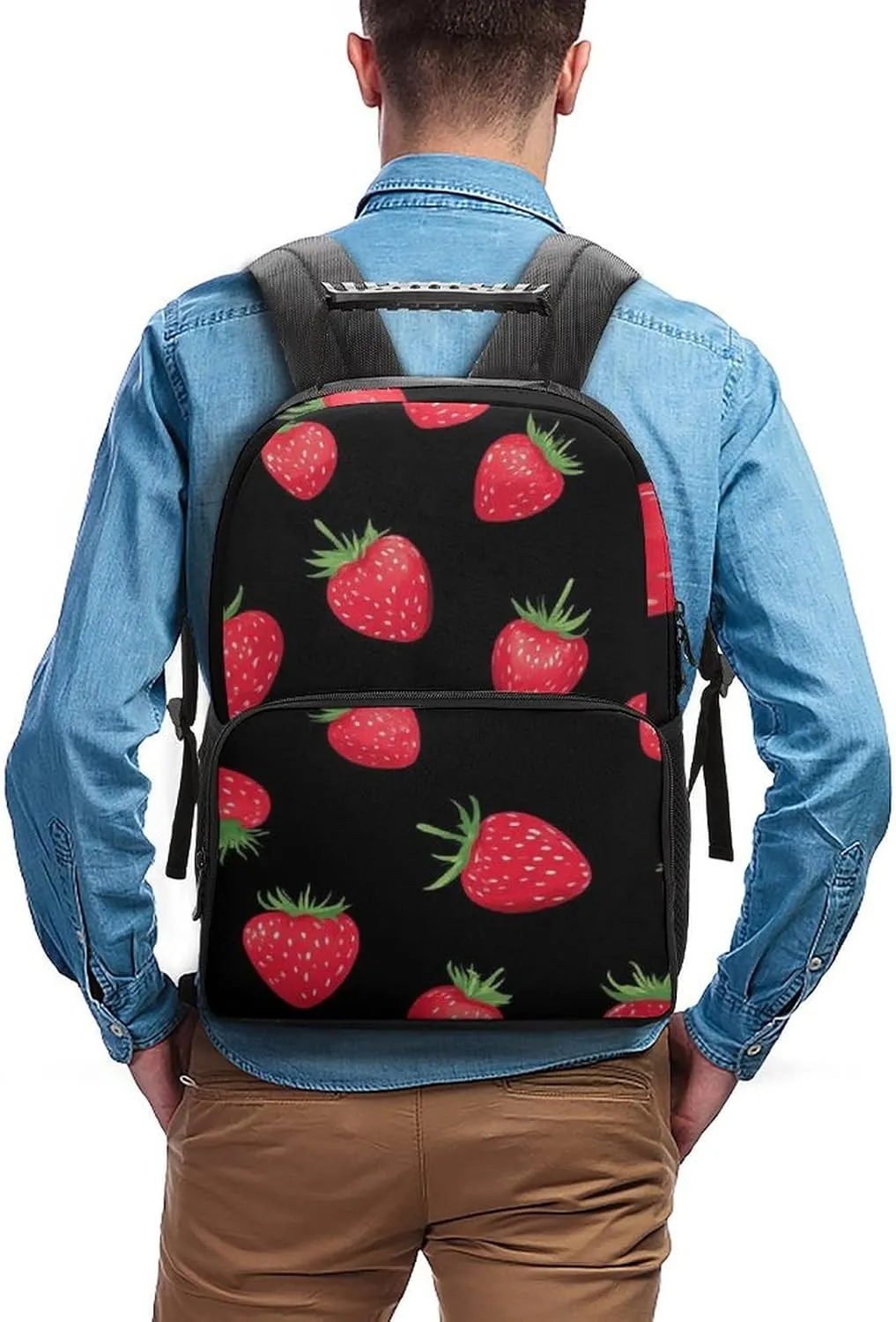 Supdreamc Polyester Daypack Backpack for Trekking Picnic Walking Cycling - Large Capacity Anti-Theft Multipurpose Shoulder Bag, Black Red Strawberry Fruit Art Casual Daypack