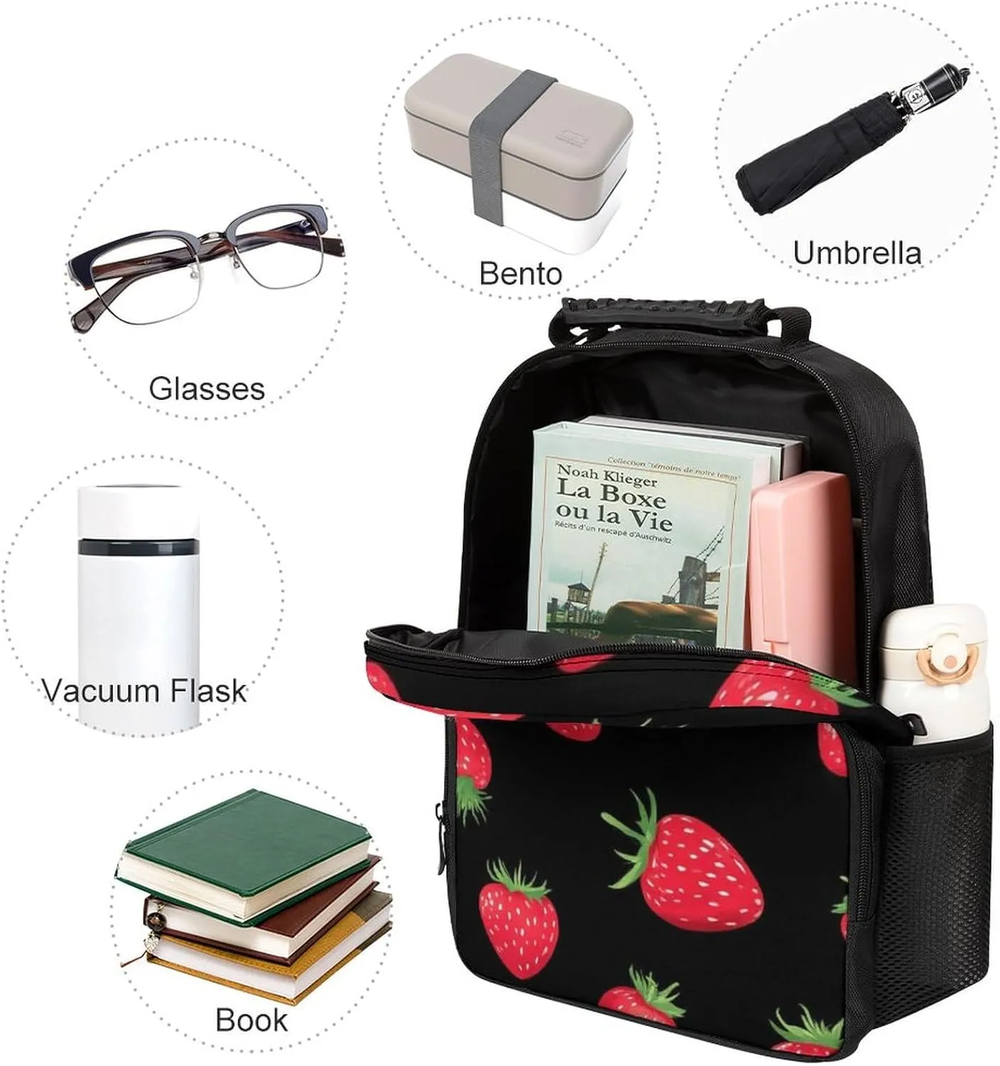 Supdreamc Polyester Daypack Backpack for Trekking Picnic Walking Cycling - Large Capacity Anti-Theft Multipurpose Shoulder Bag, Black Red Strawberry Fruit Art Casual Daypack