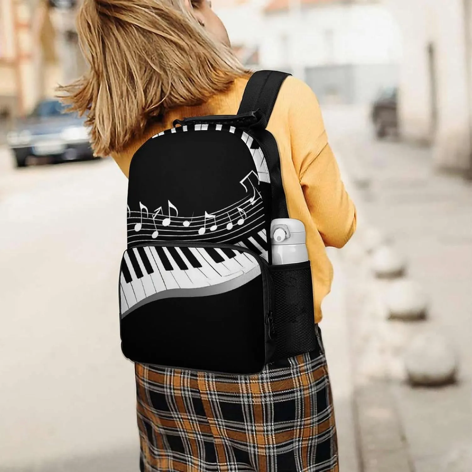Supdreamc Polyester Daypack Backpack for Trekking Picnic Walking Cycling - Large Capacity Anti-Theft Multipurpose Shoulder Bag, White Piano Keys With Musical Notes Black Casual Daypack