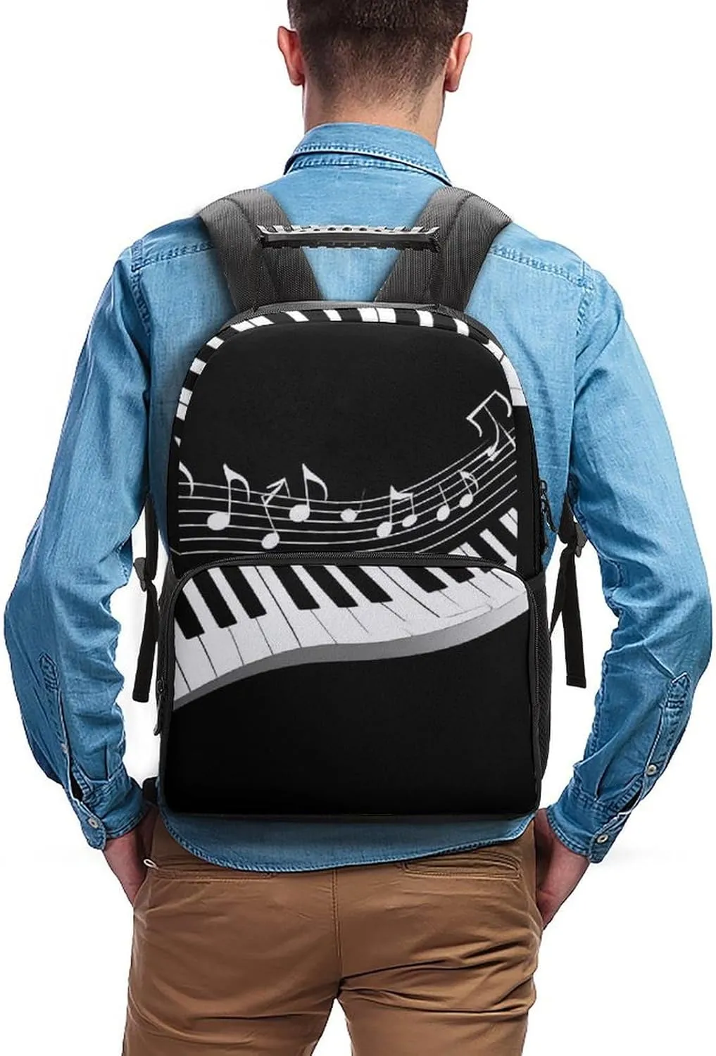 Supdreamc Polyester Daypack Backpack for Trekking Picnic Walking Cycling - Large Capacity Anti-Theft Multipurpose Shoulder Bag, White Piano Keys With Musical Notes Black Casual Daypack