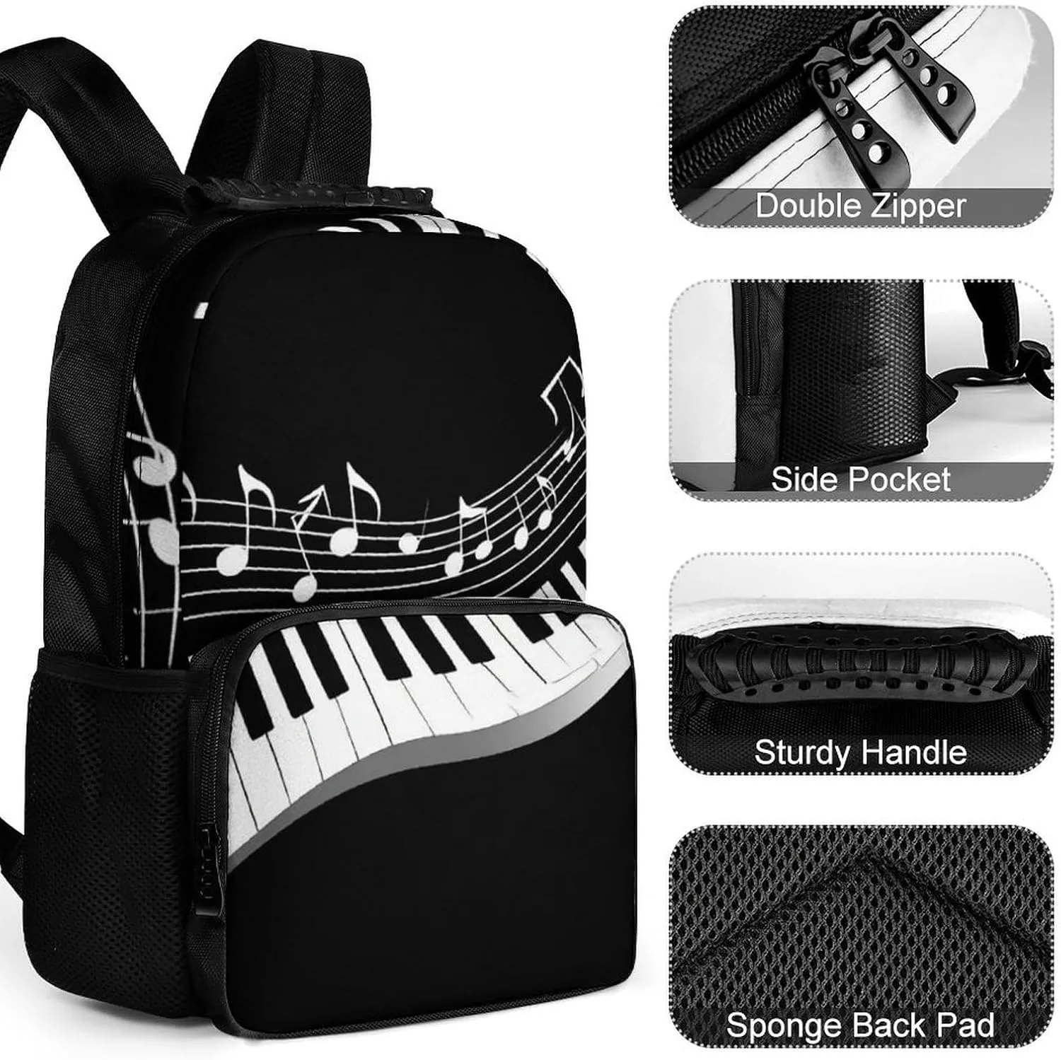 Supdreamc Polyester Daypack Backpack for Trekking Picnic Walking Cycling - Large Capacity Anti-Theft Multipurpose Shoulder Bag, White Piano Keys With Musical Notes Black Casual Daypack