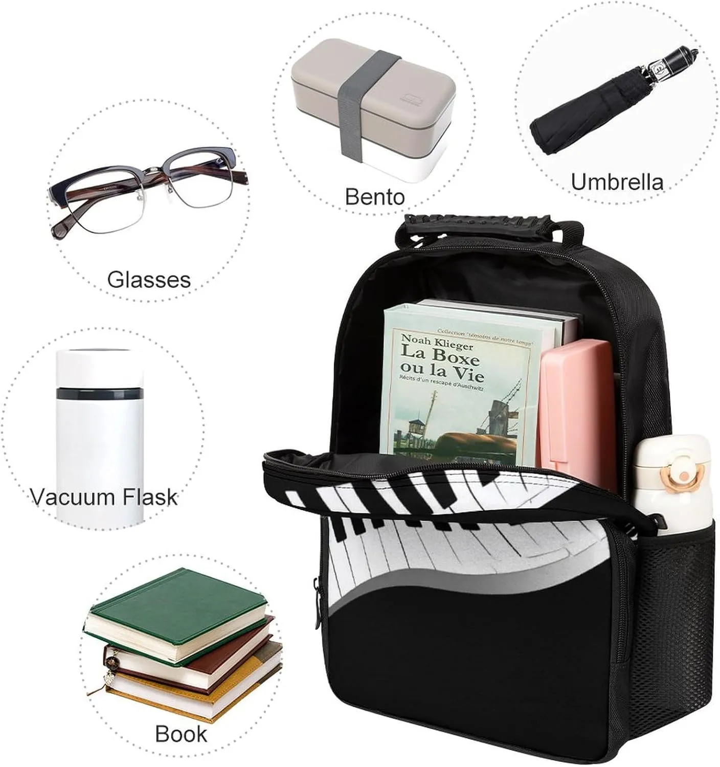 Supdreamc Polyester Daypack Backpack for Trekking Picnic Walking Cycling - Large Capacity Anti-Theft Multipurpose Shoulder Bag, White Piano Keys With Musical Notes Black Casual Daypack