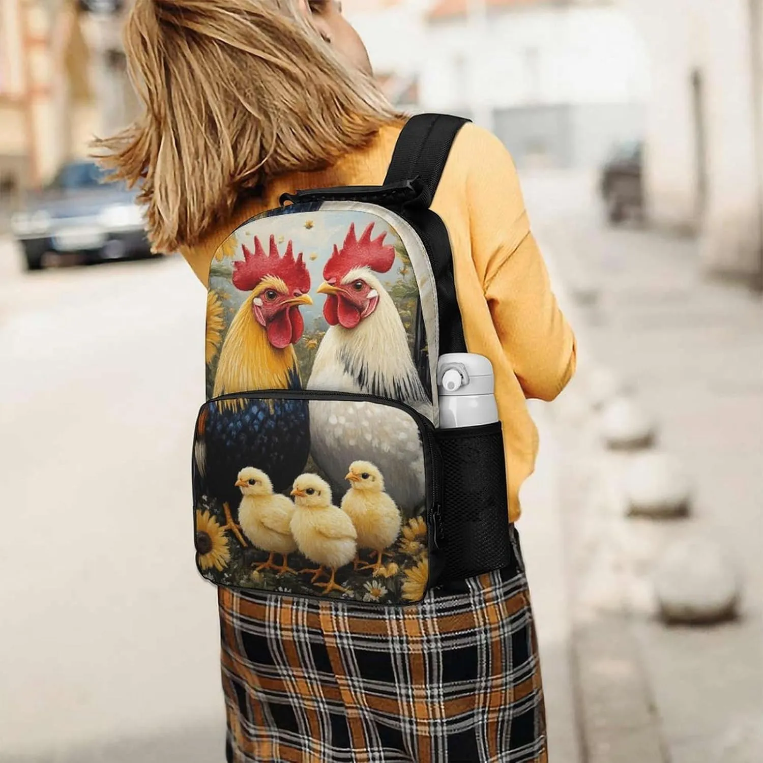 Supdreamc Polyester Daypack for Camping Travel Walking Cycling - Big Capacity Anti-Theft Multipurpose Bookbag, Chicken Rooster Garden Flowers Painting Camping Outdoor Backpack