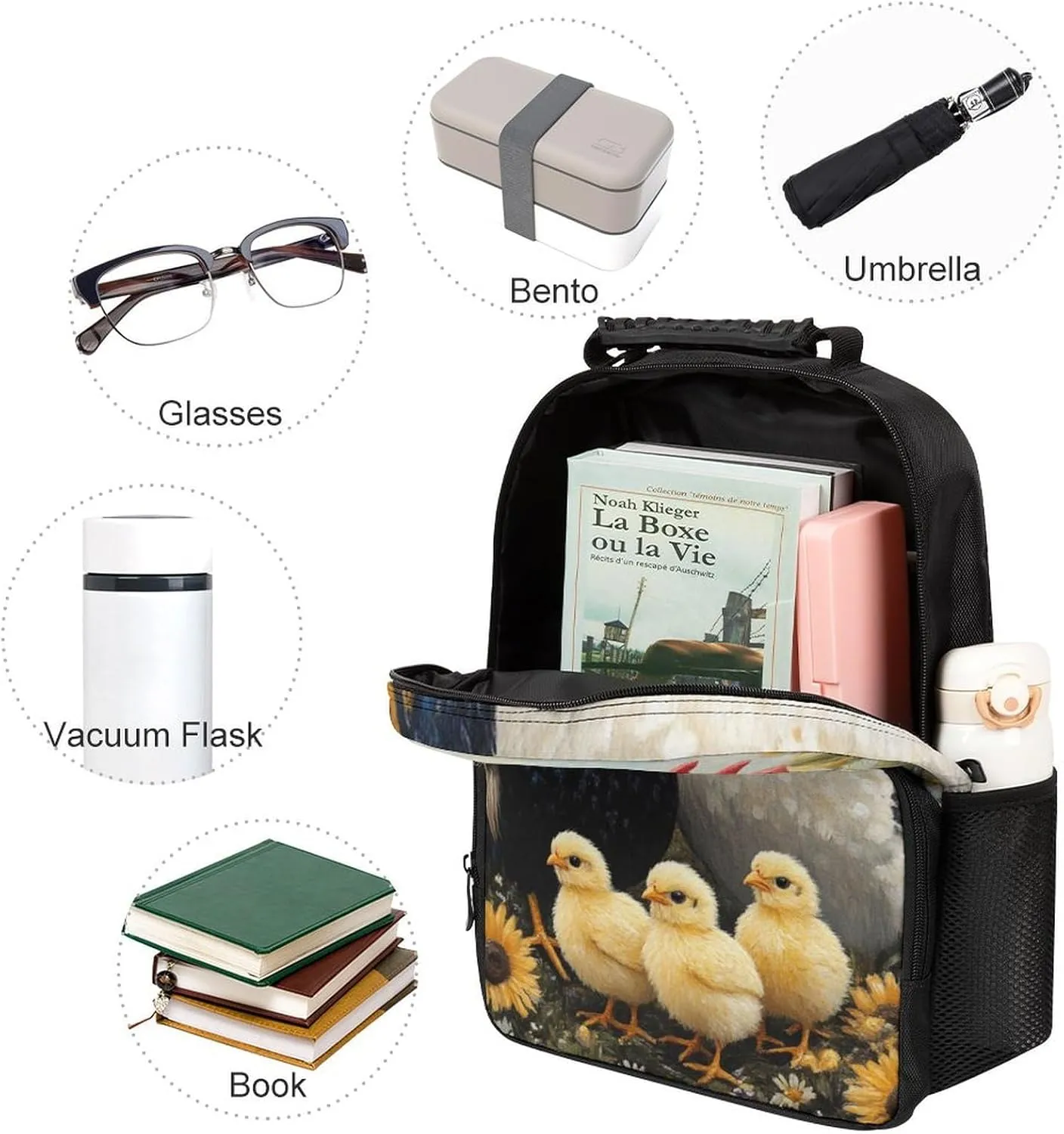 Supdreamc Polyester Daypack for Camping Travel Walking Cycling - Big Capacity Anti-Theft Multipurpose Bookbag, Chicken Rooster Garden Flowers Painting Camping Outdoor Backpack