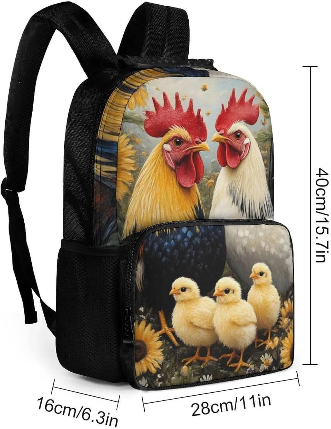 Supdreamc Polyester Daypack for Camping Travel Walking Cycling - Big Capacity Anti-Theft Multipurpose Bookbag, Chicken Rooster Garden Flowers Painting Camping Outdoor Backpack