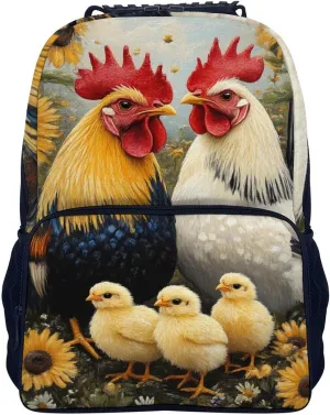Supdreamc Polyester Daypack for Camping Travel Walking Cycling - Big Capacity Anti-Theft Multipurpose Bookbag, Chicken Rooster Garden Flowers Painting Camping Outdoor Backpack