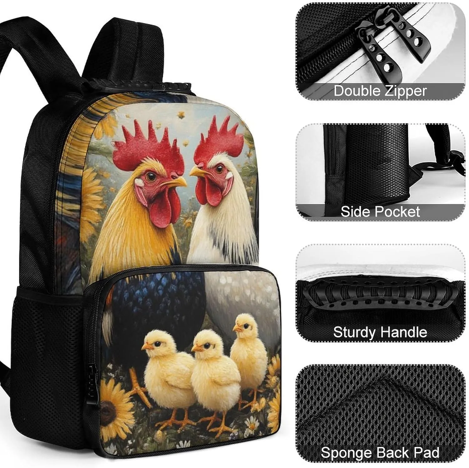 Supdreamc Polyester Daypack for Camping Travel Walking Cycling - Big Capacity Anti-Theft Multipurpose Bookbag, Chicken Rooster Garden Flowers Painting Camping Outdoor Backpack