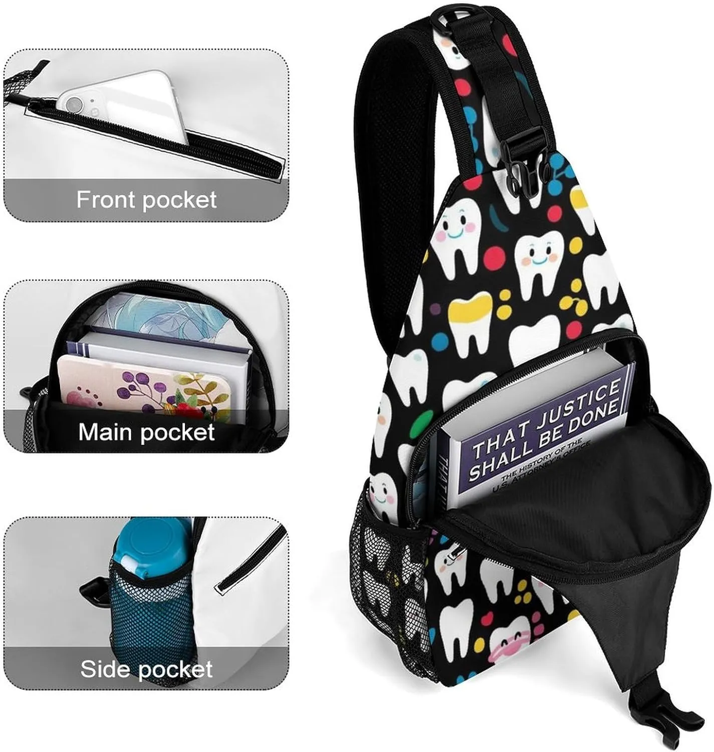 Supdreamc Ultra Lightweight Sling Shoulder Backpack Shoulder Crossbody Bag Chest Pack Multipurpose Anti-Theft Daypack for Outdoors Camping Hiking Trekking, Funny Teeth Dental Art