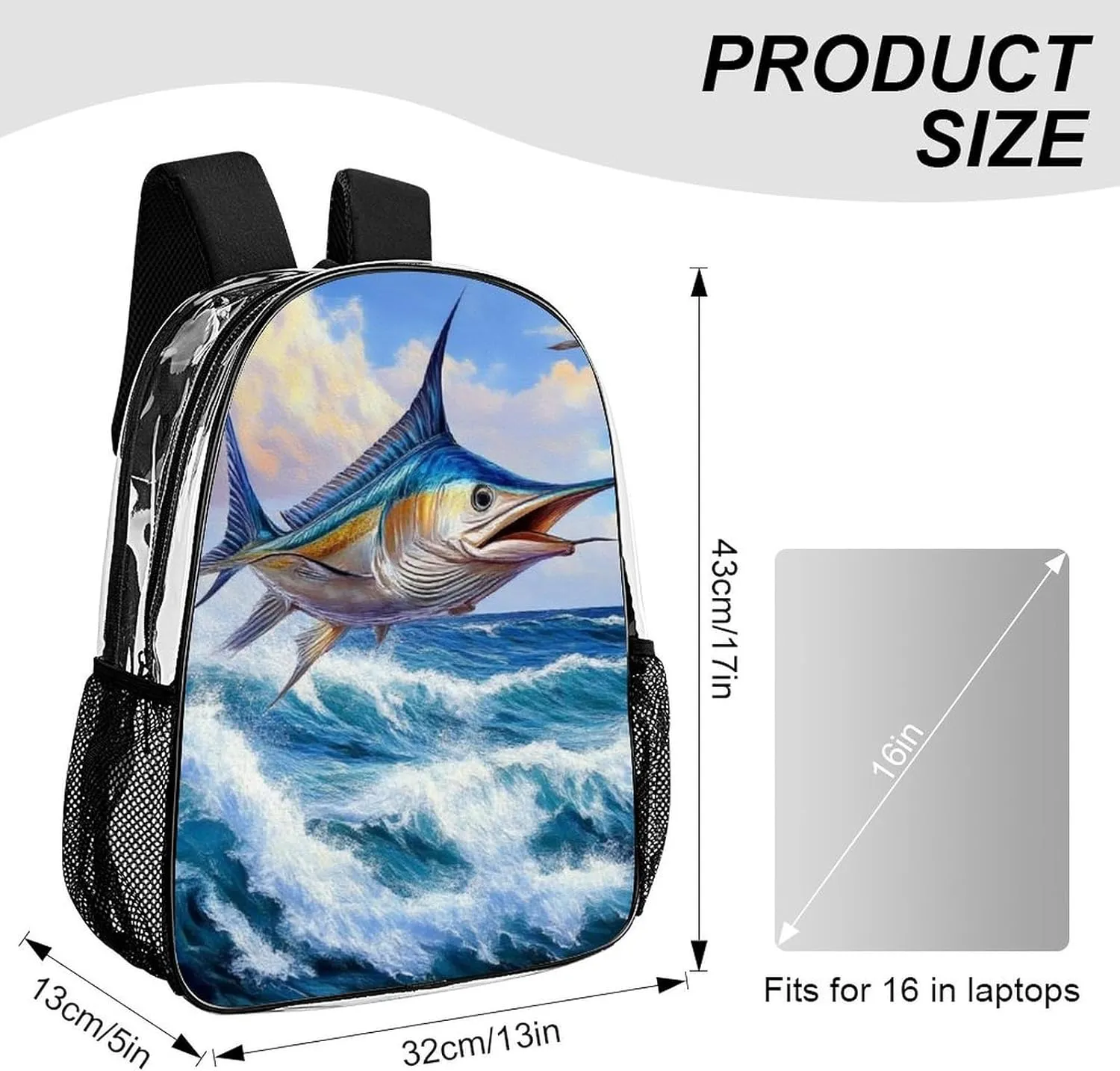 Supdreamc Women Men Transparent Whimsical Fish Painting Casual Daypack Large Capacity Bookbag With Side Pockets for Sports Picnic Walking Cycling
