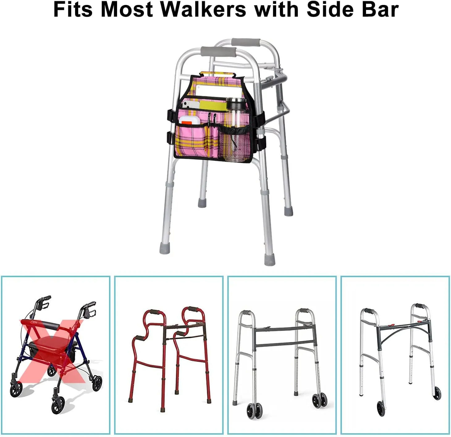 supregear Side Walker Bag, Walker Accessories Bag w/Cup Holder, Folding Walker Basket Waterproof Walker Organizer Caddy Pouch for Most Walker with Side Bar for Seniors, Elderly, Double Sided