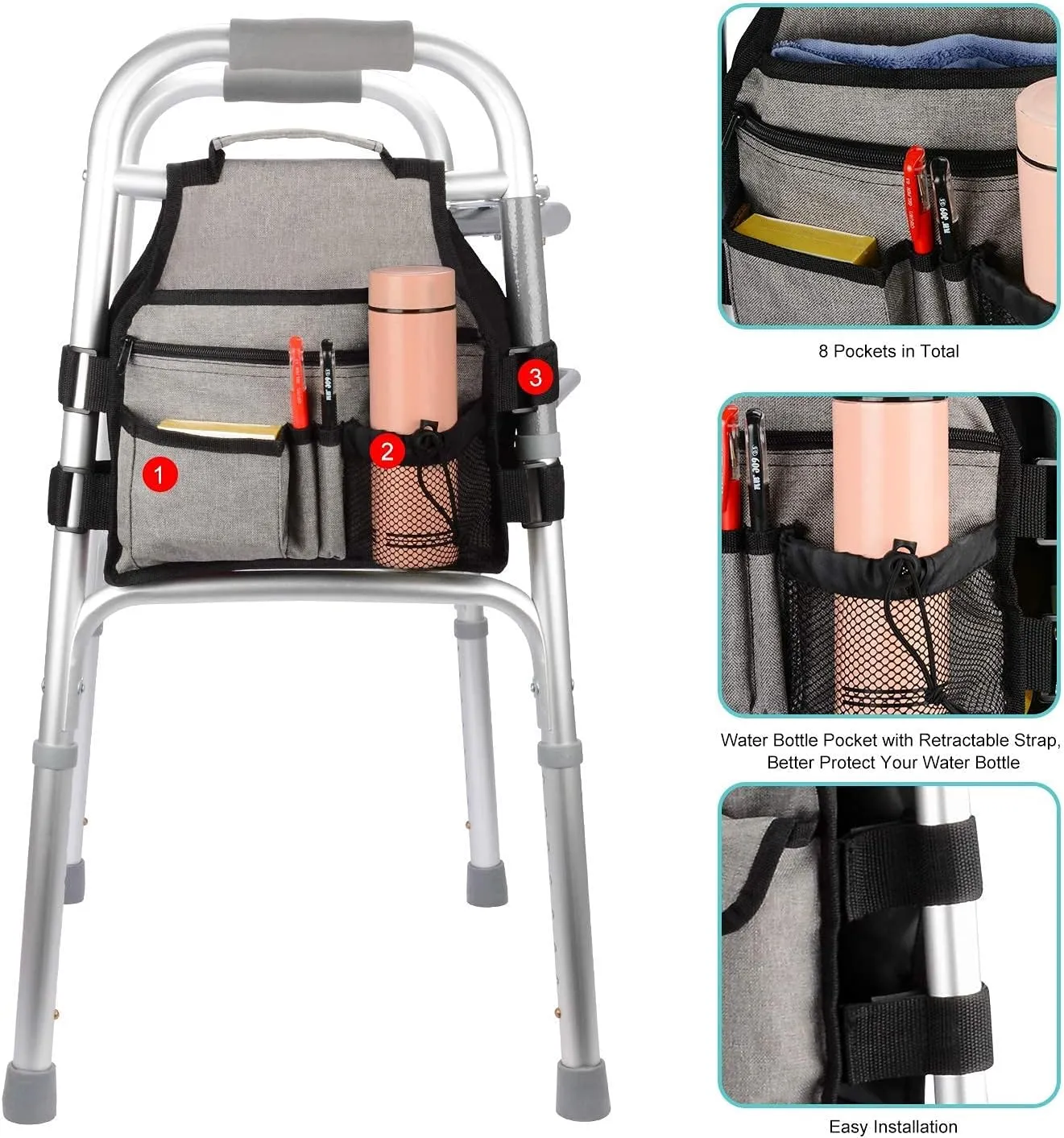 supregear Side Walker Bag, Walker Accessories Bag w/Cup Holder, Folding Walker Basket Waterproof Walker Organizer Caddy Pouch for Most Walker with Side Bar for Seniors, Elderly, Double Sided