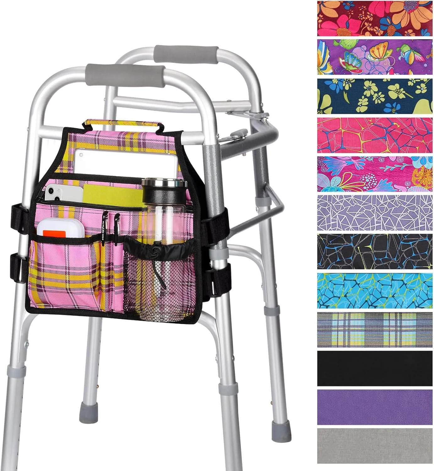 supregear Side Walker Bag, Walker Accessories Bag w/Cup Holder, Folding Walker Basket Waterproof Walker Organizer Caddy Pouch for Most Walker with Side Bar for Seniors, Elderly, Double Sided