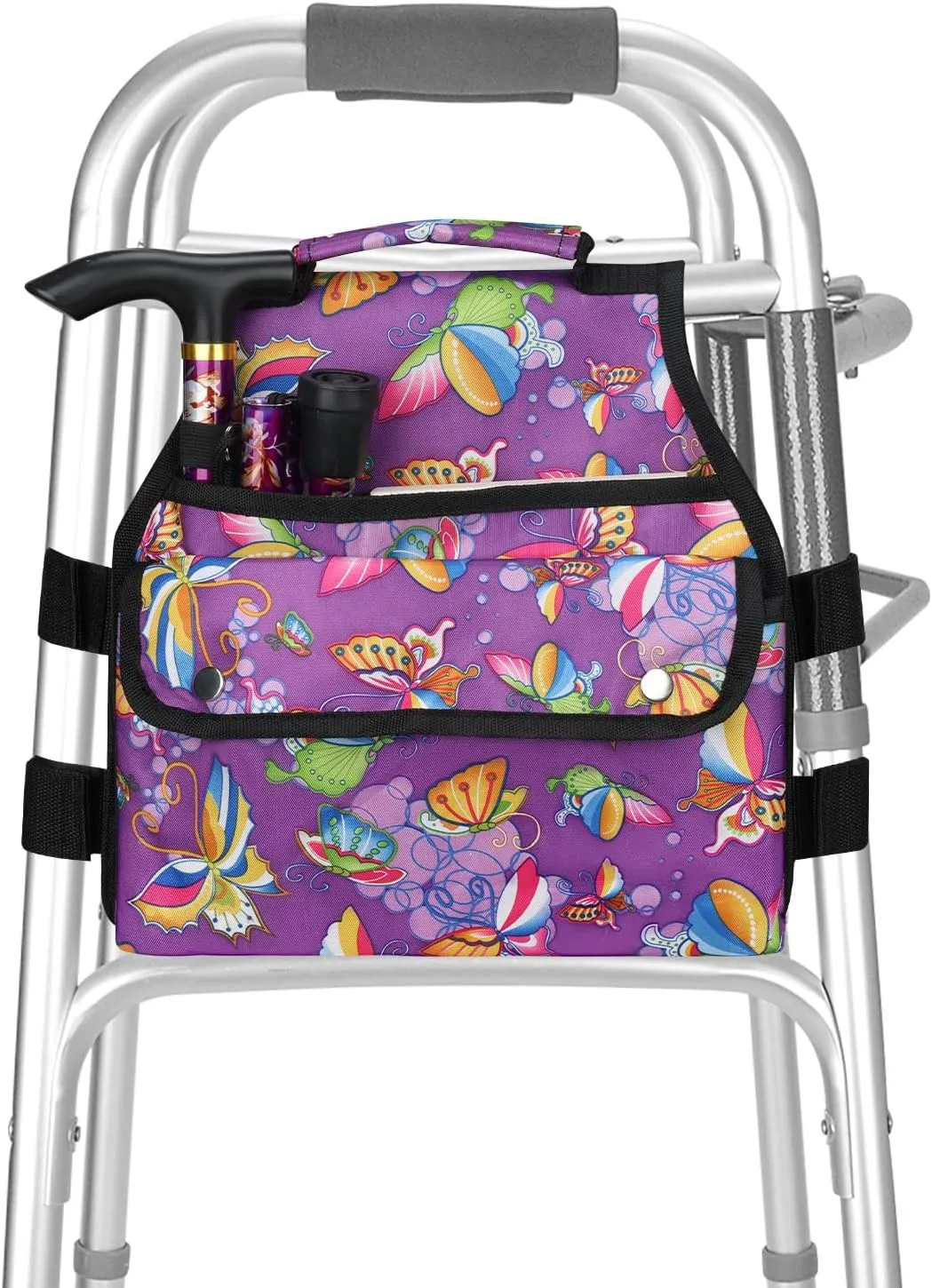 supregear Walker Side Bag, Storage Pouch w/Cup Holder for Folding Walker, Waterproof Caddy Basket for Side Bar Accessory Attachment for Seniors Elderly, Double Sided Organizer