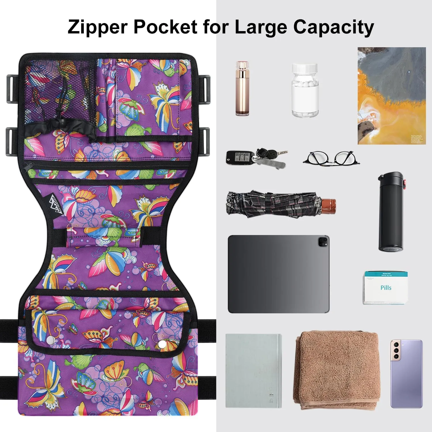 supregear Walker Side Bag, Storage Pouch w/Cup Holder for Folding Walker, Waterproof Caddy Basket for Side Bar Accessory Attachment for Seniors Elderly, Double Sided Organizer