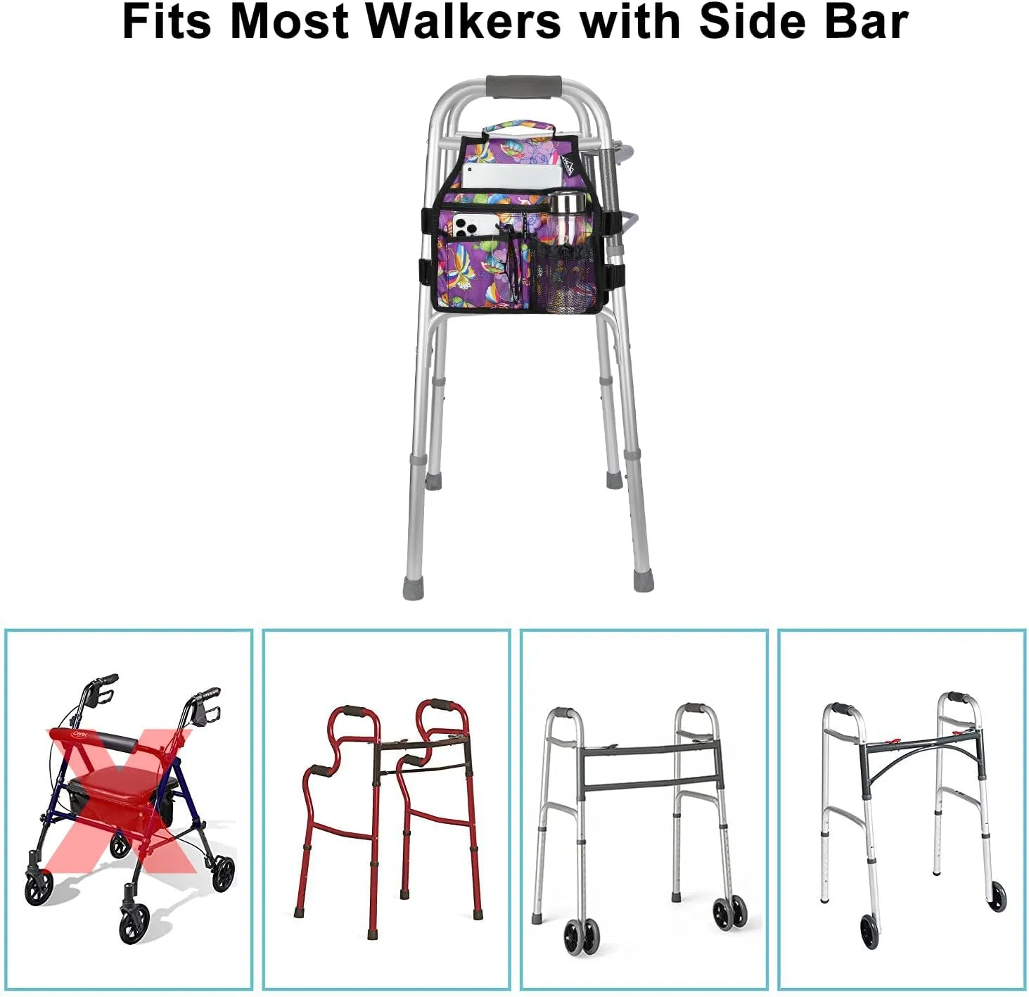 supregear Walker Side Bag, Storage Pouch w/Cup Holder for Folding Walker, Waterproof Caddy Basket for Side Bar Accessory Attachment for Seniors Elderly, Double Sided Organizer