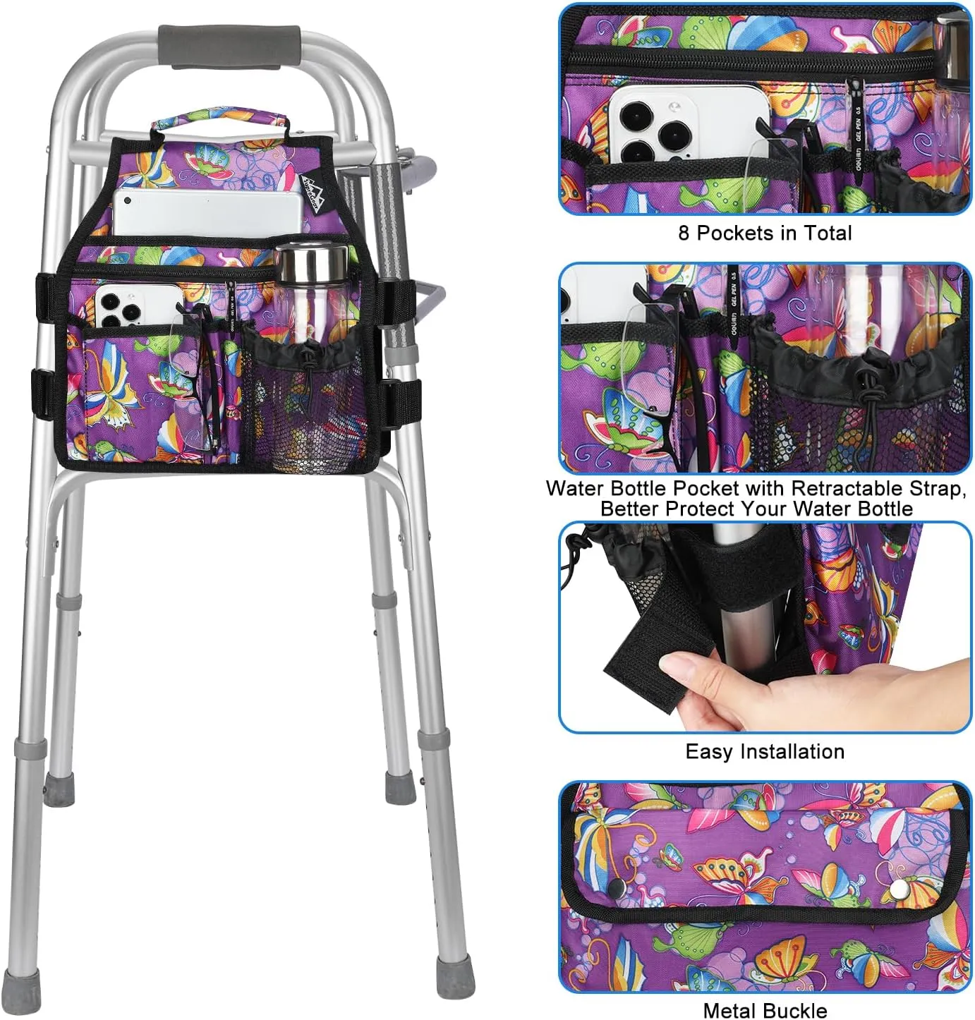 supregear Walker Side Bag, Storage Pouch w/Cup Holder for Folding Walker, Waterproof Caddy Basket for Side Bar Accessory Attachment for Seniors Elderly, Double Sided Organizer