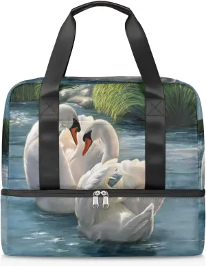 Swan Mate Watercolor Travel Bag Double Tier Zip Closure Weekender Bag with Leather Handle Waterproof Sports Tote Gym Bag for Swim Beach Gym Yoga
