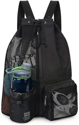 Swim Mesh Beach Bag Drawstring Backpack Big Mesh Mummy Backpack Large Pool Bag for Swim Gym and Workout Gear Women and Men, Black