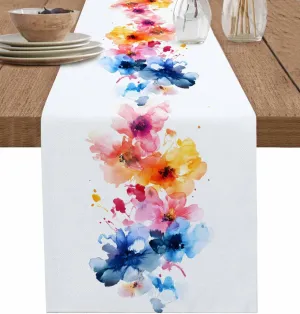 Table Runners-60 Inch Long,Watercolor Colorful Gradient Flowers Linen Dresser Scarves Dining Table Runner Nature Rustic Floral Tabletop Scarf for Home Kitchen Holiday Party Decor