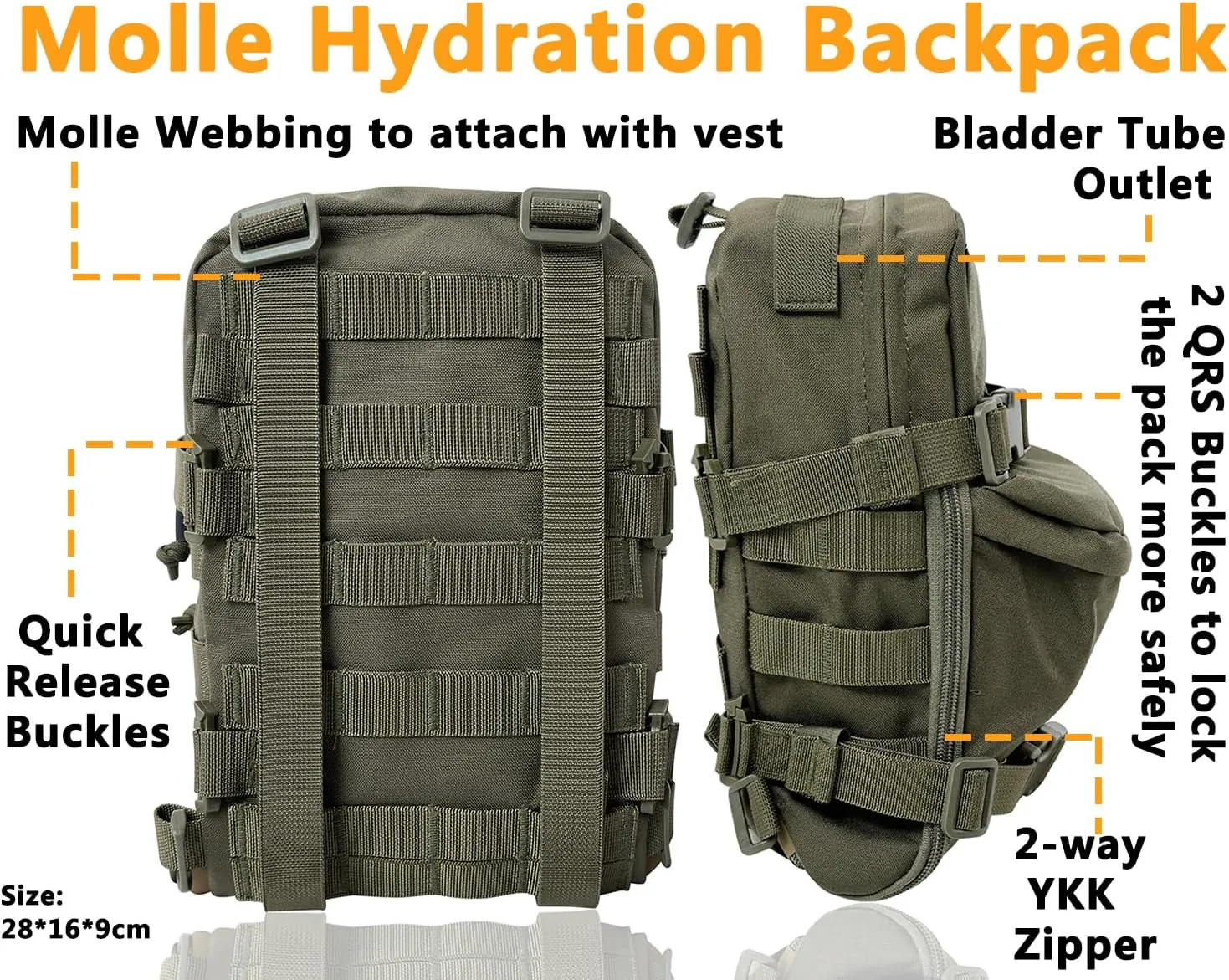 Tactical MOLLE Hydration Pack for 2L Hydration Water Bladder 500D Lightweight Nylon Hydration Pack for Hiking Running Biking and Climbing