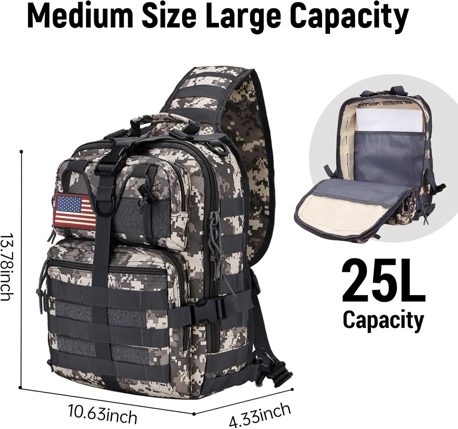 Tactical Sling Bag Backpack, Military Rover Shoulder Sling Pack, EDC Molle Assault Range Bag, Crossbody Chest Bag for Men (Gray)