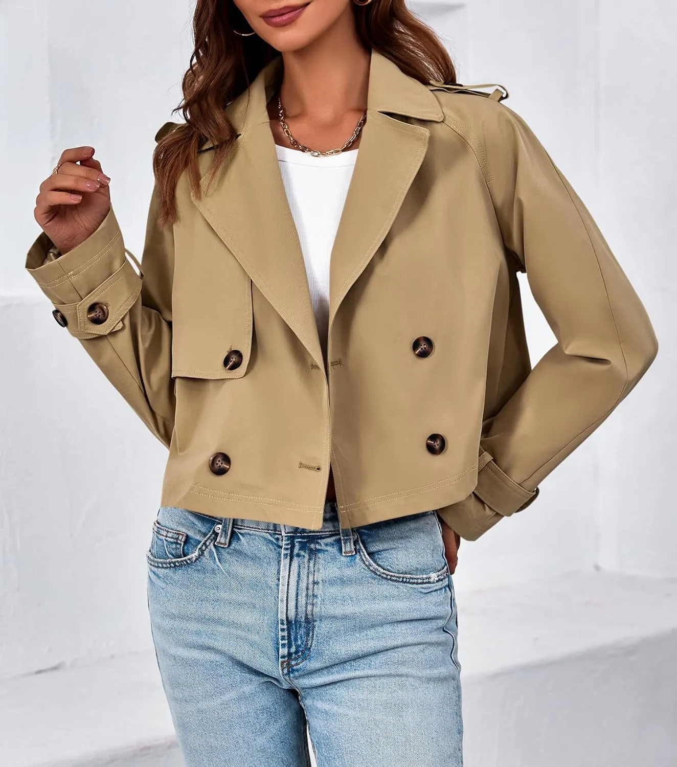 Tankaneo Womens Cropped Trench Coat Lapel Double Breasted Short Jacket Outwear