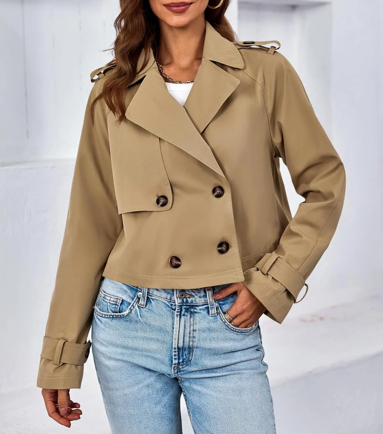 Tankaneo Womens Cropped Trench Coat Lapel Double Breasted Short Jacket Outwear