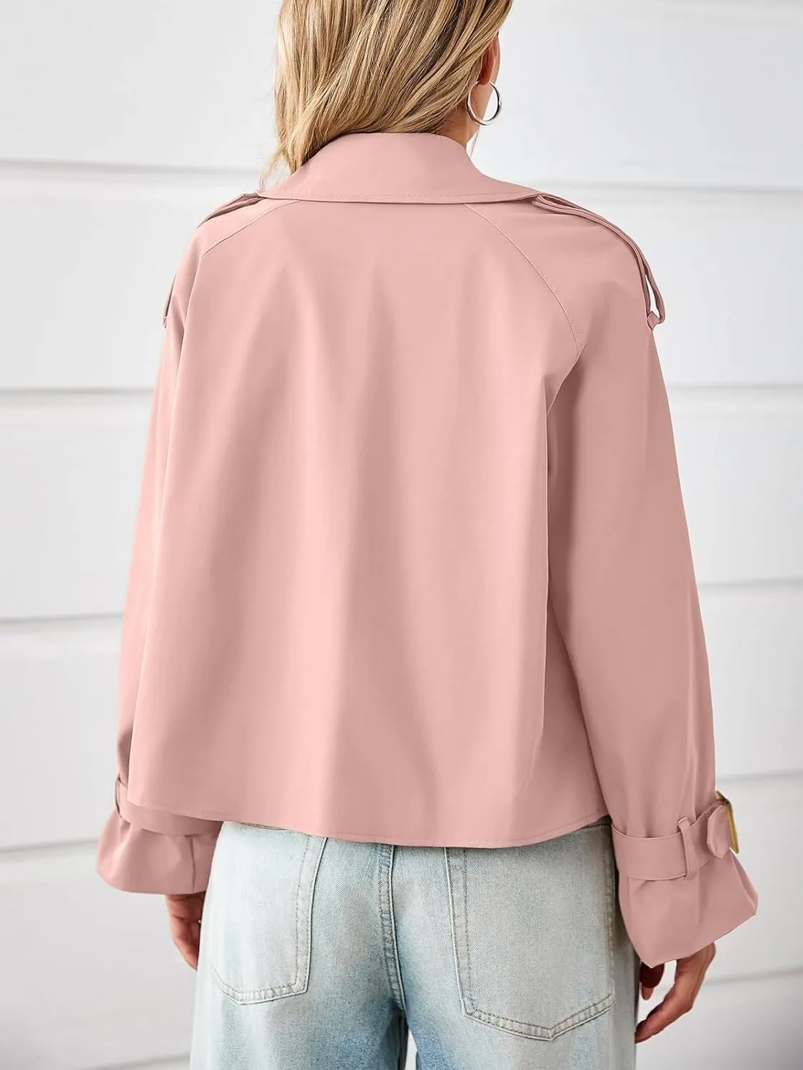 Tankaneo Womens Cropped Trench Coat Oversized Double Breasted Lapel Long Sleeve Short Jacket Fashion Outerwear