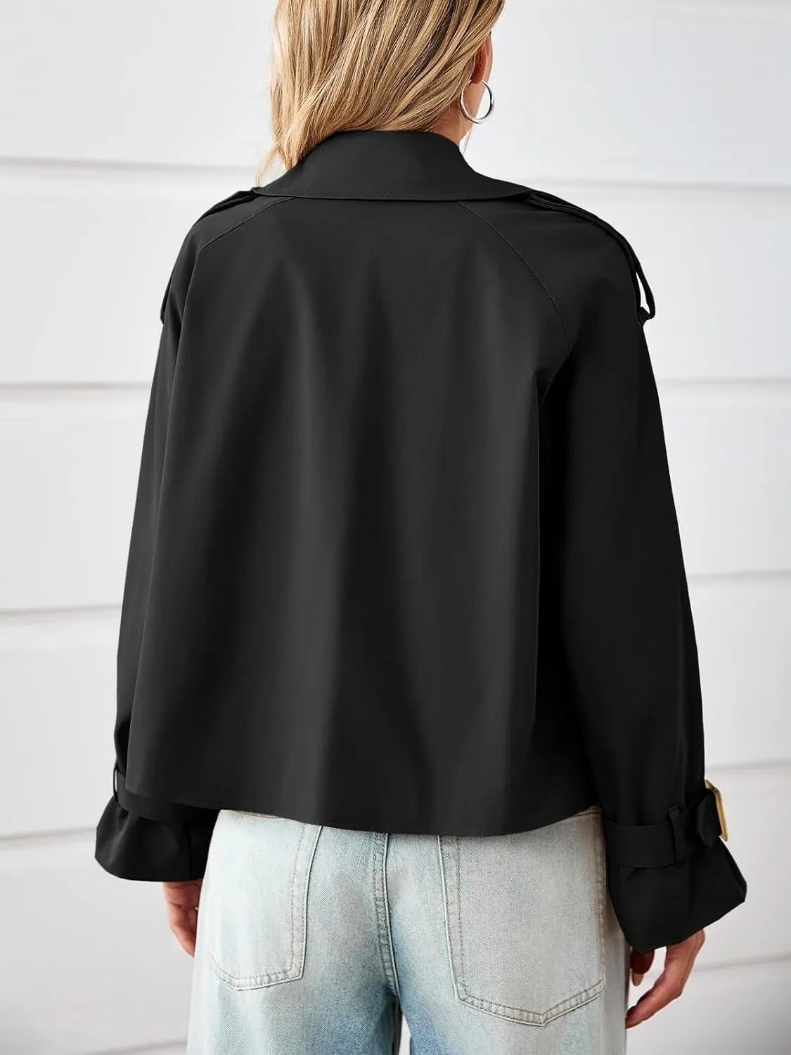 Tankaneo Womens Cropped Trench Coat Oversized Double Breasted Lapel Long Sleeve Short Jacket Fashion Outerwear
