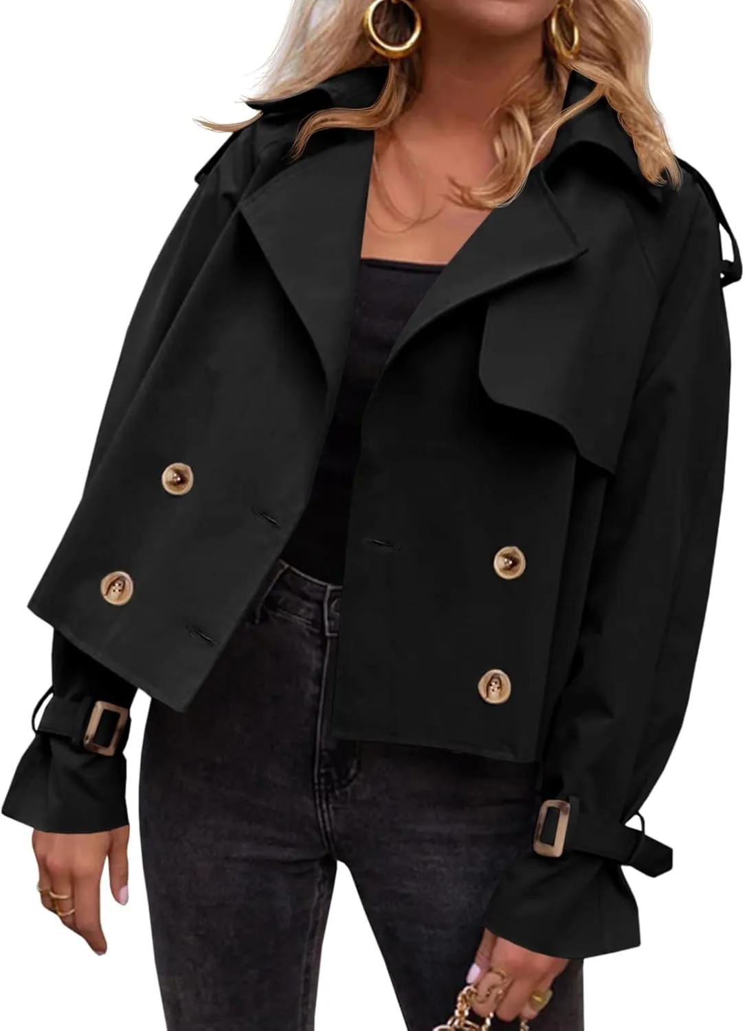 Tankaneo Womens Cropped Trench Coat Oversized Double Breasted Lapel Long Sleeve Short Jacket Fashion Outerwear