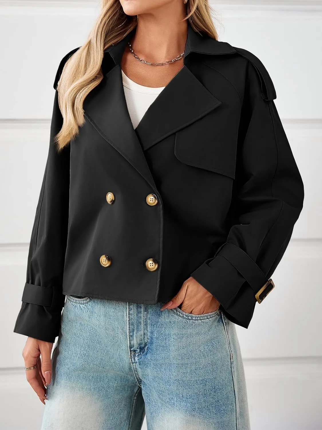 Tankaneo Womens Cropped Trench Coat Oversized Double Breasted Lapel Long Sleeve Short Jacket Fashion Outerwear