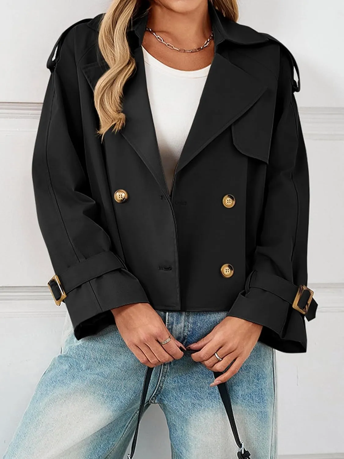 Tankaneo Womens Cropped Trench Coat Oversized Double Breasted Lapel Long Sleeve Short Jacket Fashion Outerwear