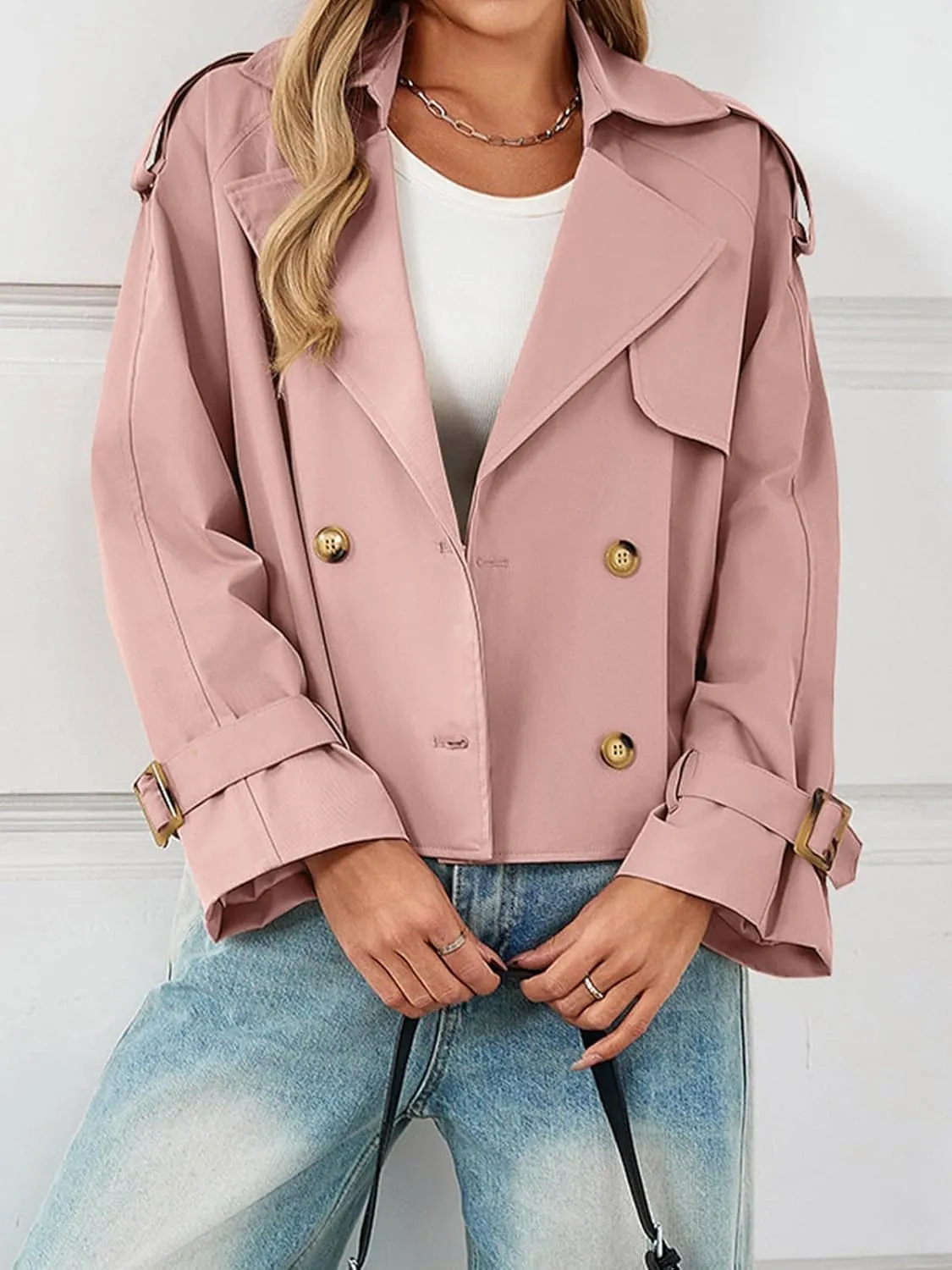 Tankaneo Womens Cropped Trench Coat Oversized Double Breasted Lapel Long Sleeve Short Jacket Fashion Outerwear