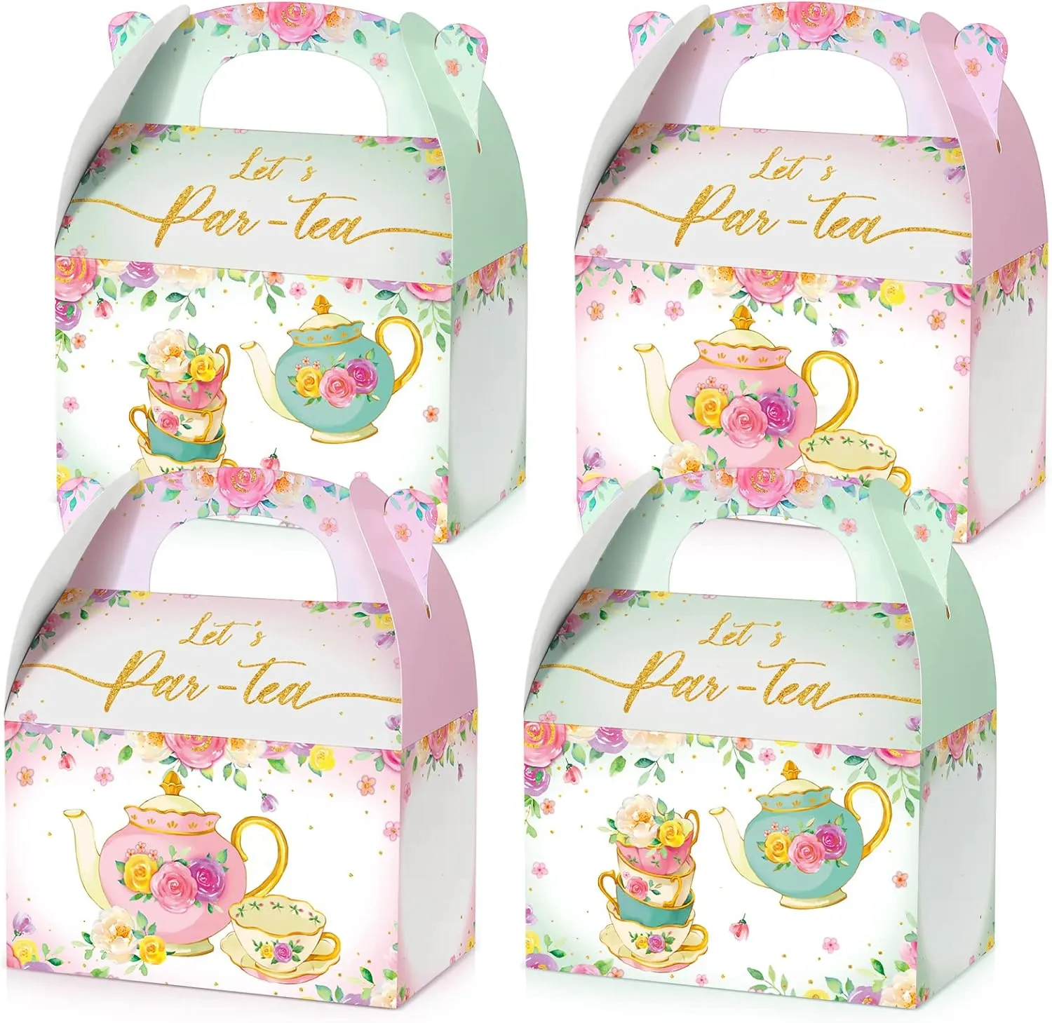 TaoBary 24 Pcs Tea Party Treat Boxes Pink and Green Floral Candy Boxes Tea Theme Goodies Gift for Wedding Party Favor Supplies Shower