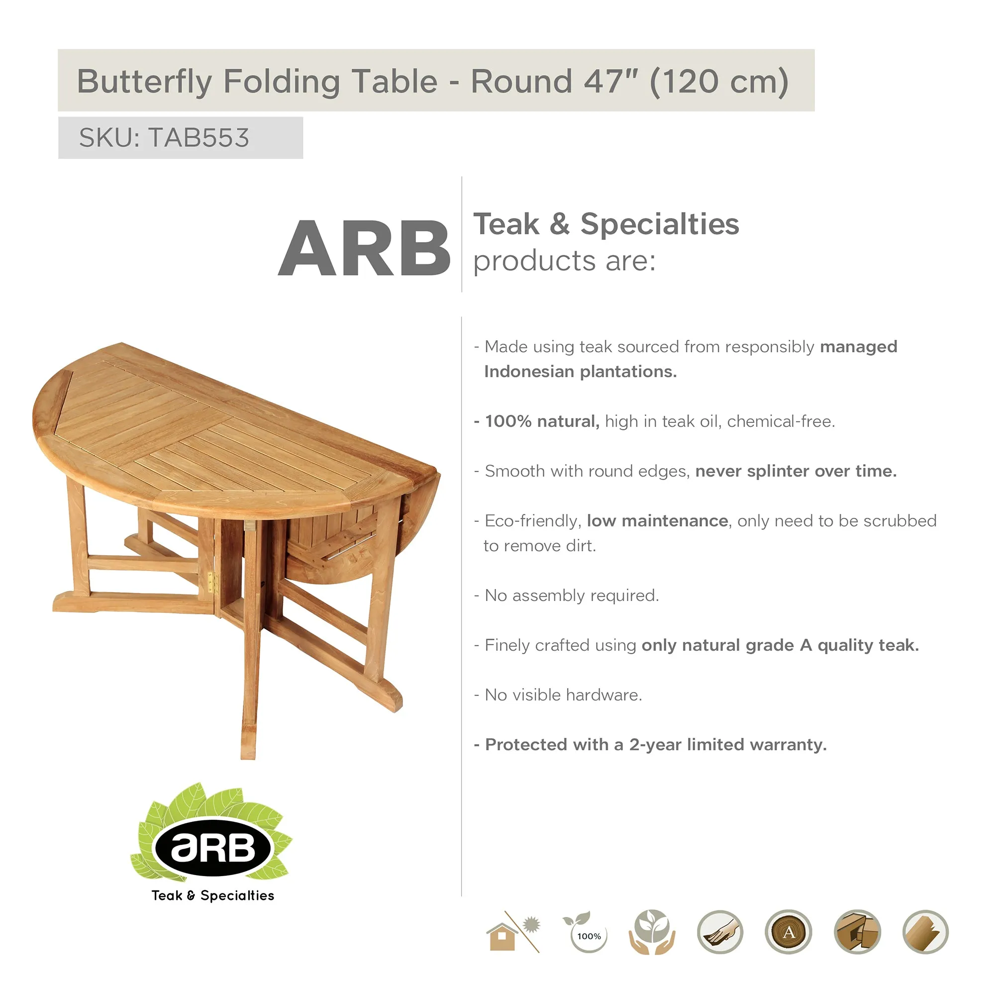 Teak Folding Butterfly Dining Table - Round 48" (120 cm)