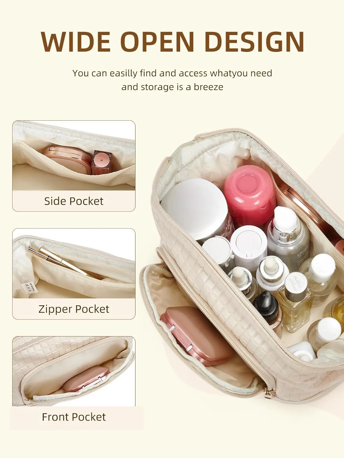 Telena Makeup Bag Large Capacity Travel Cosmetic Bags Double Layer Portable Leather Make Up Bag for Women (Apricot - Square)