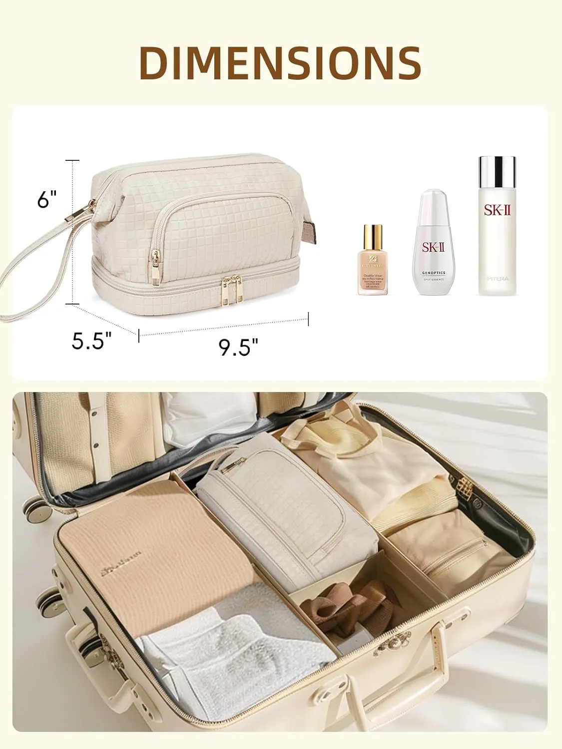 Telena Makeup Bag Large Capacity Travel Cosmetic Bags Double Layer Portable Leather Make Up Bag for Women (Apricot - Square)