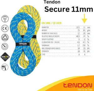 Tendon Secure Static Rope - Patented Secure Braiding Technology - UIAA Certified - Ideal for Both Indoor and Outdoor Work at Height (11mm x 60m - Coil) - Blue-Yellow