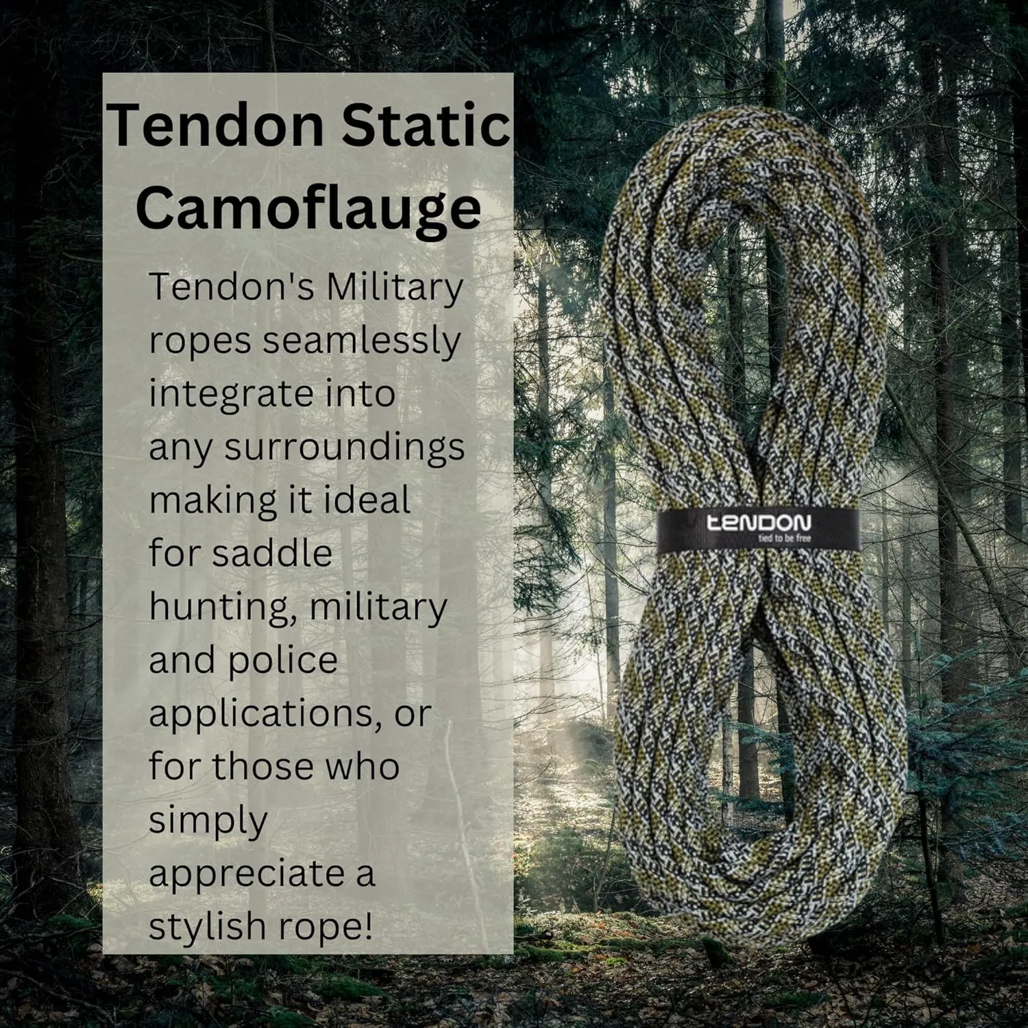 Tendon Static Rope Military Edition - RFID Embedded Low Elongation High Static Strength Polyamide Rope Great for Saddle Hunting, Military, Or Work at Height - 11mm x 25m, Camo