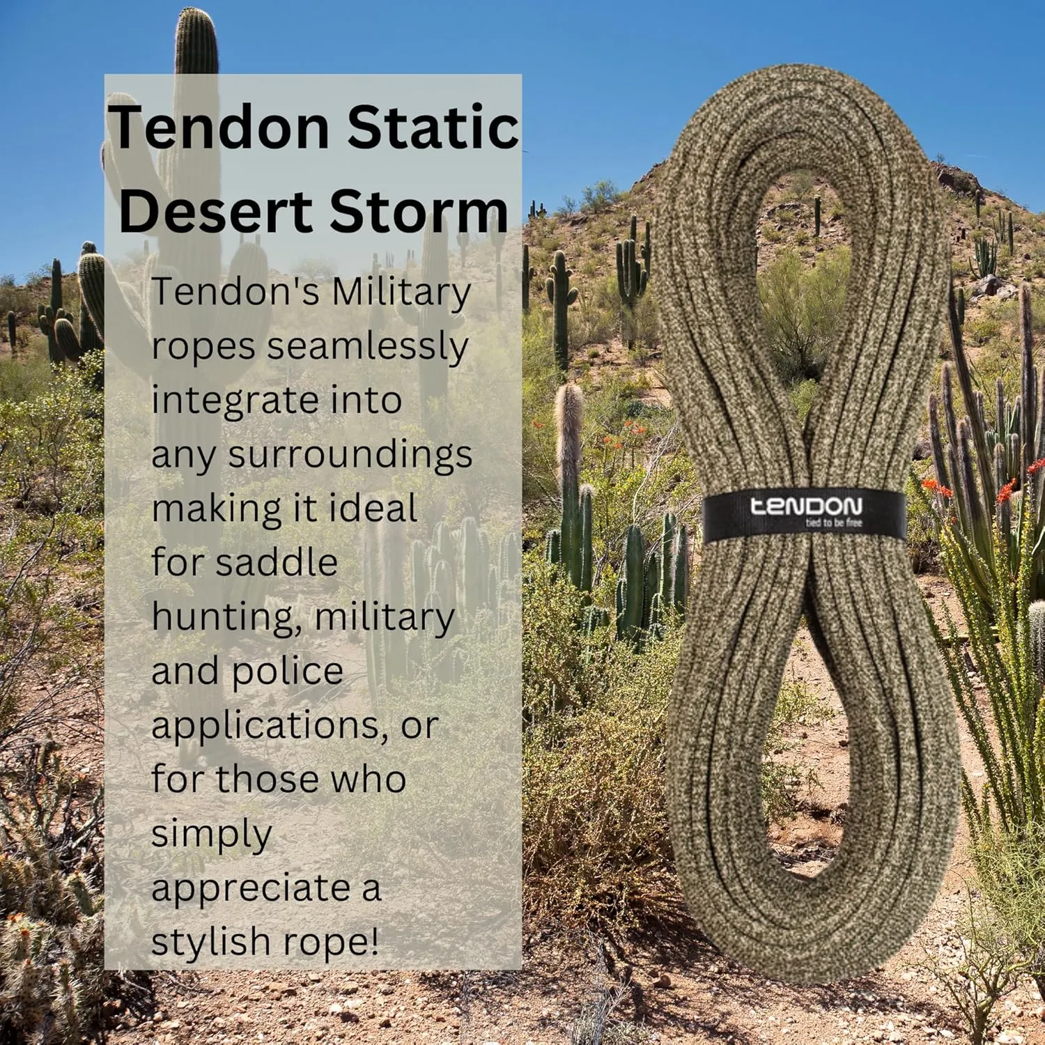 Tendon Static Rope Military Edition - RFID Embedded Low Elongation High Static Strength Polyamide Rope Great for Saddle Hunting, Military, Or Work at Height - 11mm x 25m, Camo