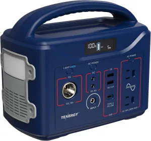 Tenergy T320 Portable Power Station, 300Wh Battery, 110V/200W (Surge 400W) 2 Pure Sine Wave AC outputs, USB type C PD 45W, Solar Ready Mobile Power for Outdoors Camper Vans RV, Emergency Backup, Navy