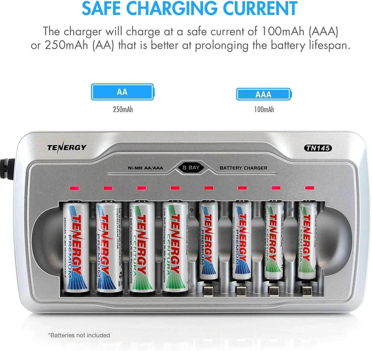 Tenergy TN145 AA AAA Battery Charger, 8-Slot Household AA Cell Charger with Individual Bays and LED Indicators, for NiMH/NiCd Rechargeable Batteries