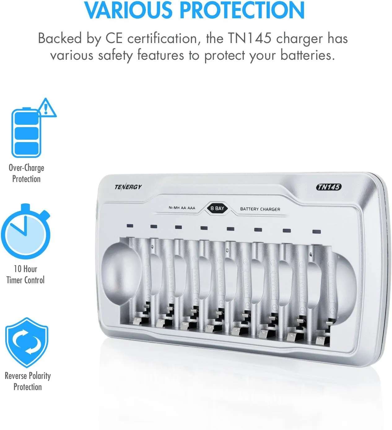 Tenergy TN145 AA AAA Battery Charger, 8-Slot Household AA Cell Charger with Individual Bays and LED Indicators, for NiMH/NiCd Rechargeable Batteries