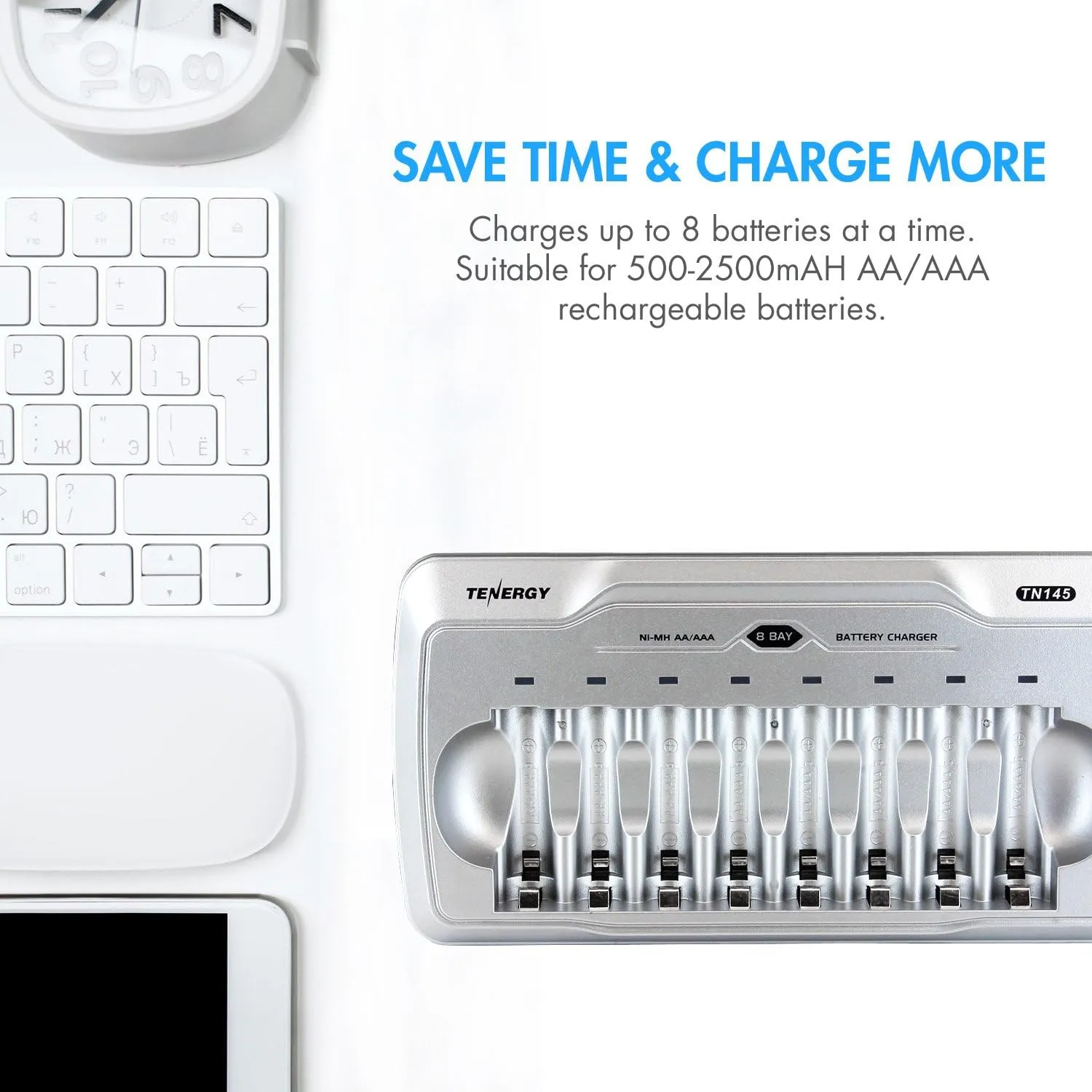 Tenergy TN145 AA AAA Battery Charger, 8-Slot Household AA Cell Charger with Individual Bays and LED Indicators, for NiMH/NiCd Rechargeable Batteries