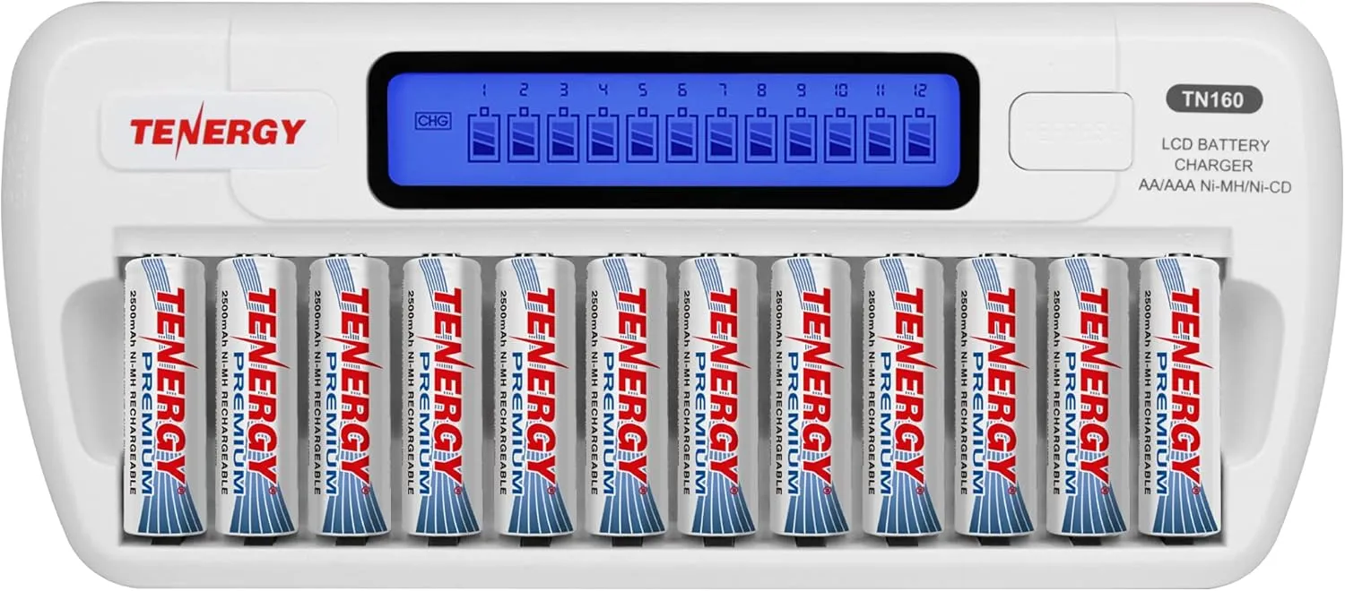Tenergy TN160 12-Bay LCD NiMH/NiCD AAA/AA Battery Charger   12 AA Premium NiMH Rechargeable Batteries