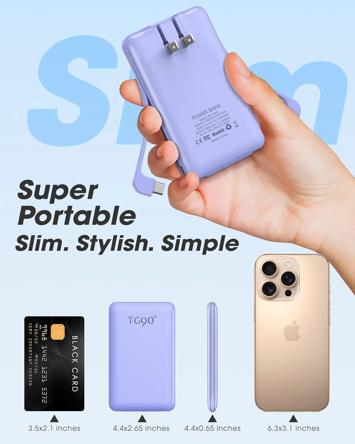 TG90° Portable Phone Charger Ultra Mini Power Bank with Built-in Foldable AC Wall Plug and Cables,5000mAh External Battery Pack Compatible with iPhone and Android Smart Devices