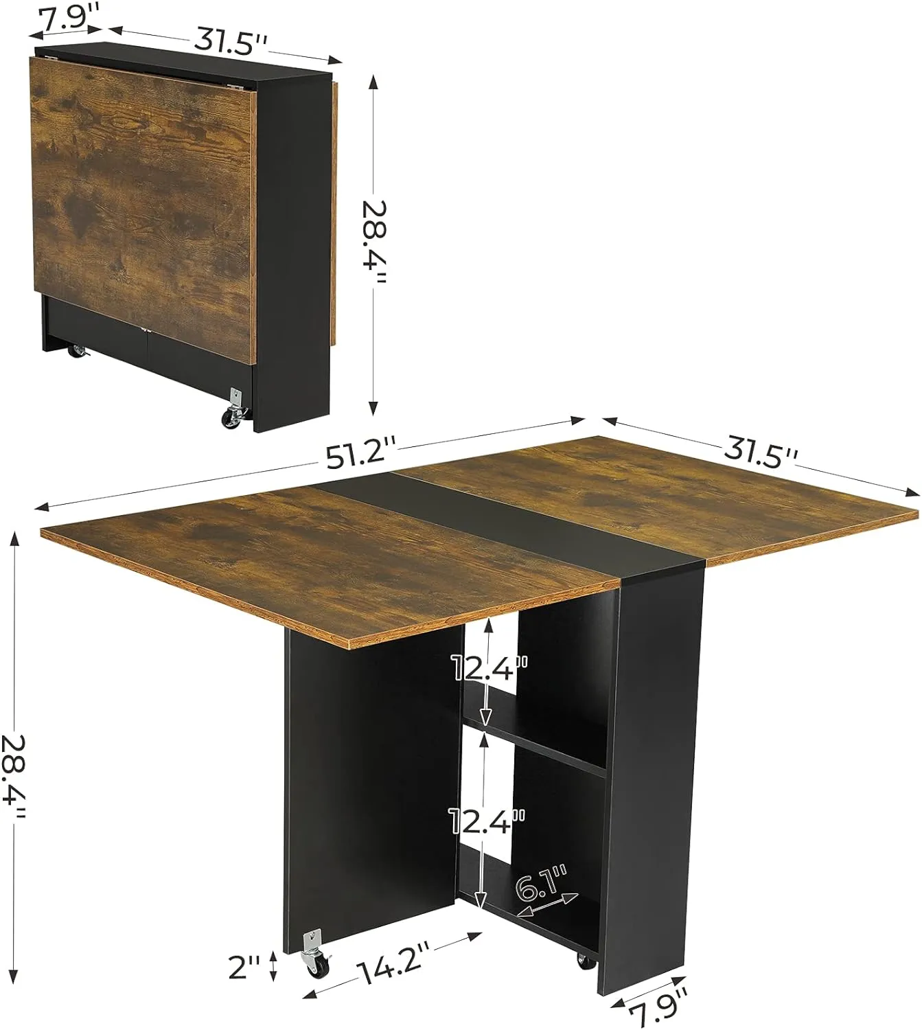 Tiptiper Folding Dining Table with 6 Wheels, Folding Kitchen Table with 2-Layer Storage Shelf, Space Saving Dining Table for Small Apartment, Rustic Brown and Black